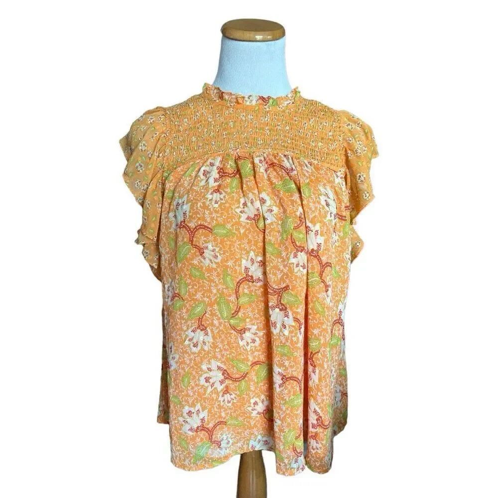 Women Mason D Amelie Floral Print Smocked Top Flutter Sleeve Blouse - Sz L